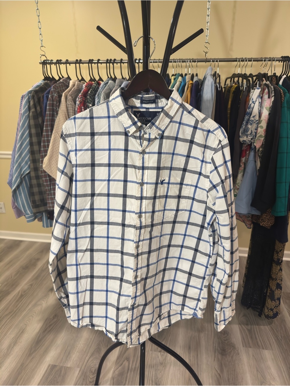 American Eagle Outfitters White & Blue Windowpane Button-Down Shirt
